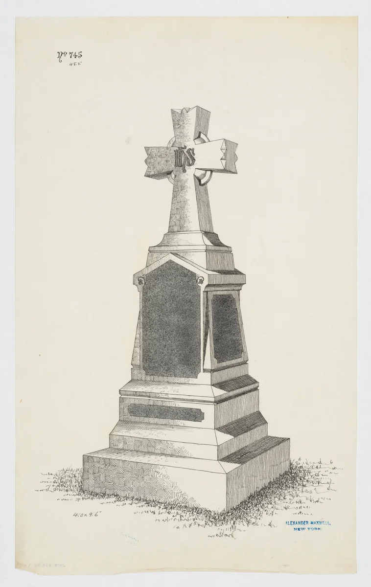 Grave Monument with Cross, No. 745 by Alexander Maxwell, drawing, 1840-1880