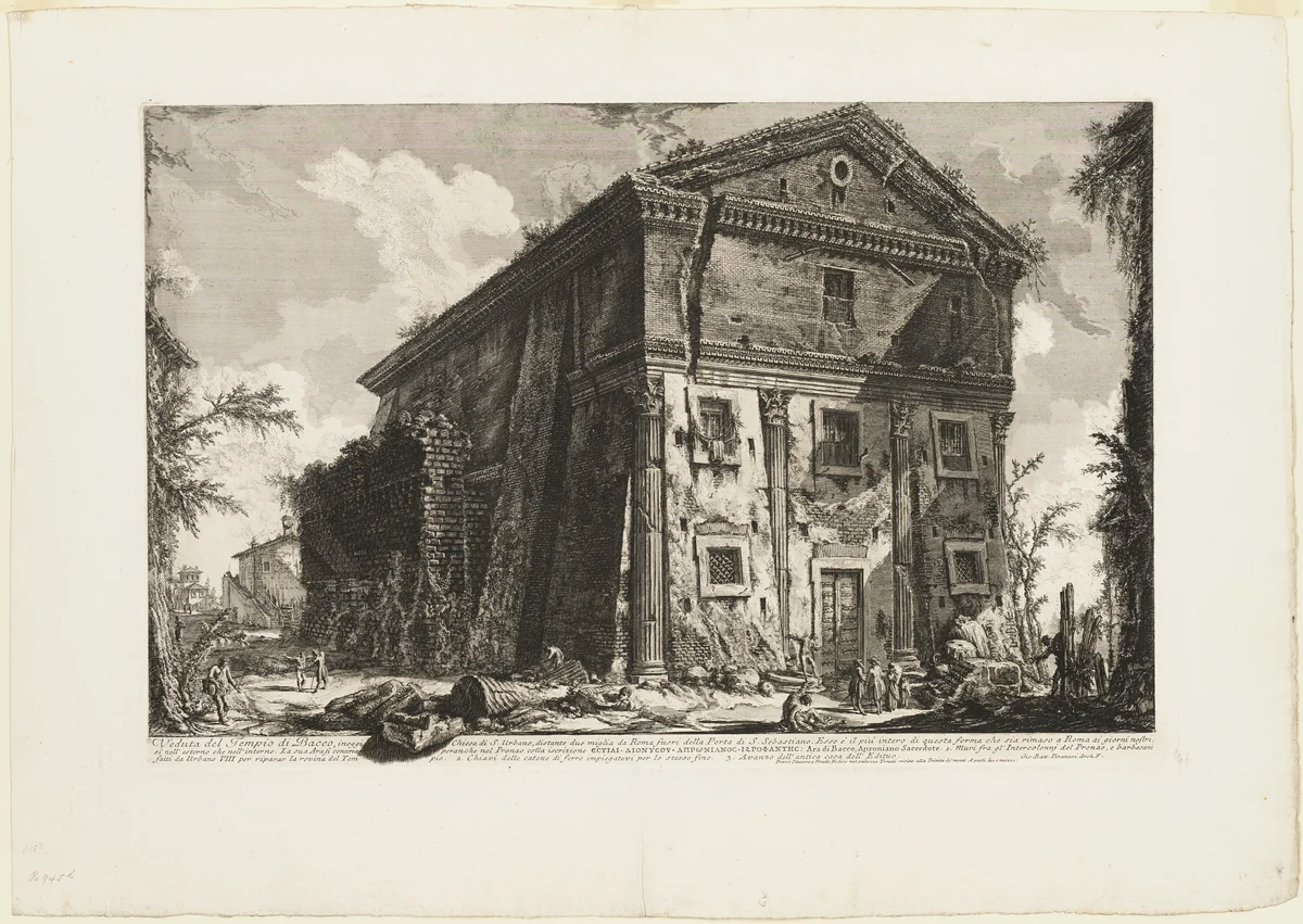 View of the Temple of Bacchus, now the church of S. Urbano, two miles distant from Rome, beyond the Porta S. Sebastiano, from Views of Rome by Giovanni Battista Piranesi, print, 1750-1759