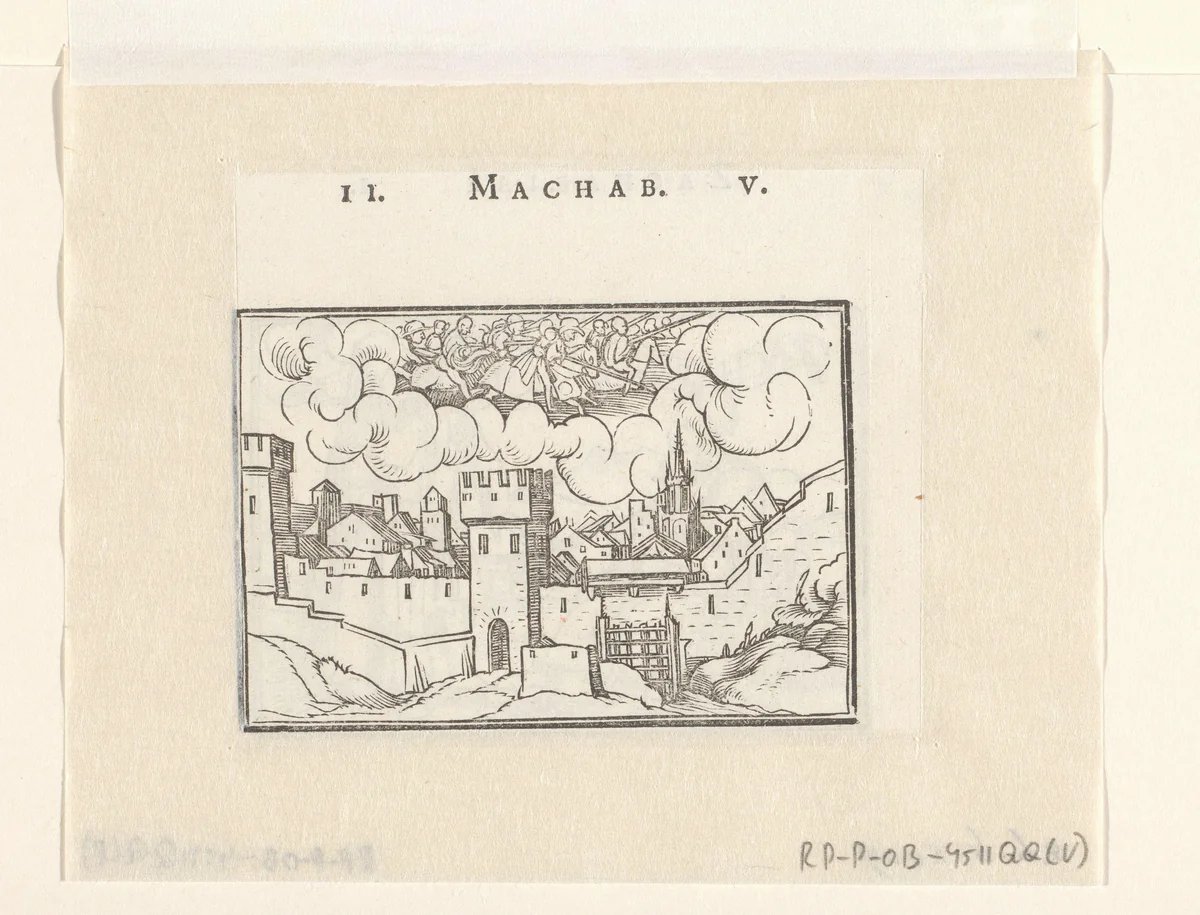 Verschijning van ruiters boven Jeruzalem by Hans Holbein, print, 1538