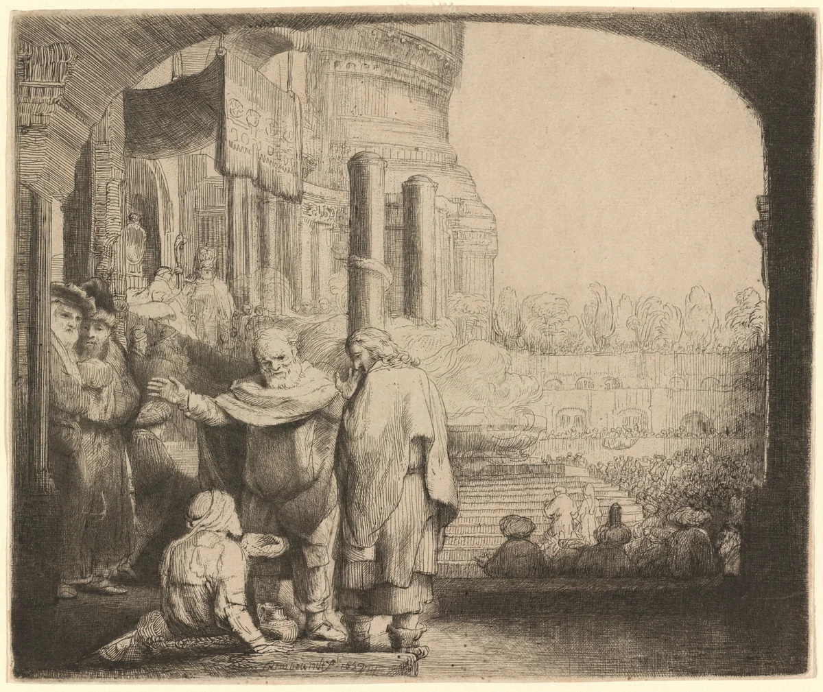 Peter and John Healing the Cripple at the Gate of the Temple by Rembrandt van Rijn, print, 1659