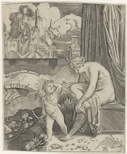 Venus droogt zich af na bad en Amor met pijl en boog in landschap by anonymous, print, 1512-1570