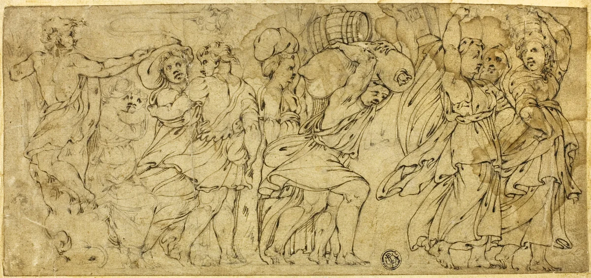 Men and Women Carrying Barrels and Bundles by Polidoro Caldara, drawing, 1580-1599
