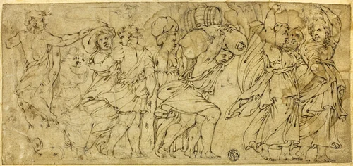 Men and Women Carrying Barrels and Bundles by Polidoro Caldara, drawing, 1580-1599