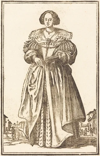 Noble Woman with Fan by Jacques Callot, print, 1623-1699