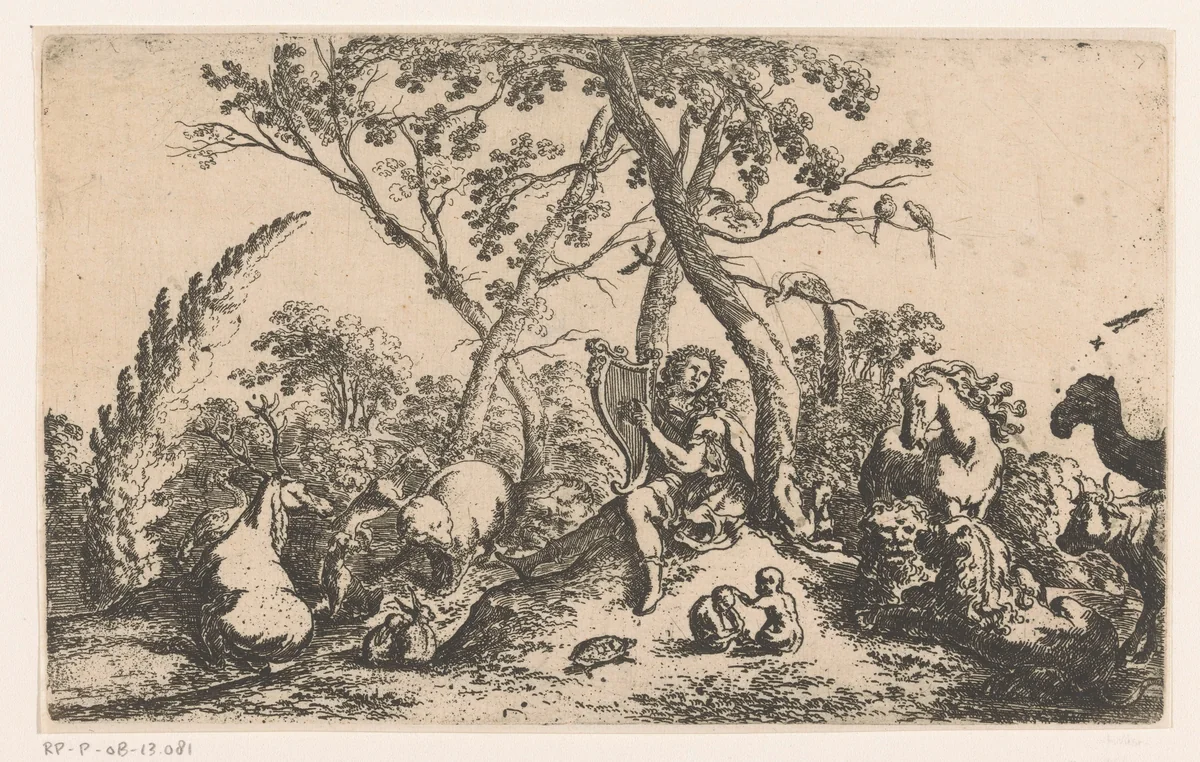 Orpheus betovert de dieren met zijn muziek by anonymous, print, 1639-1700