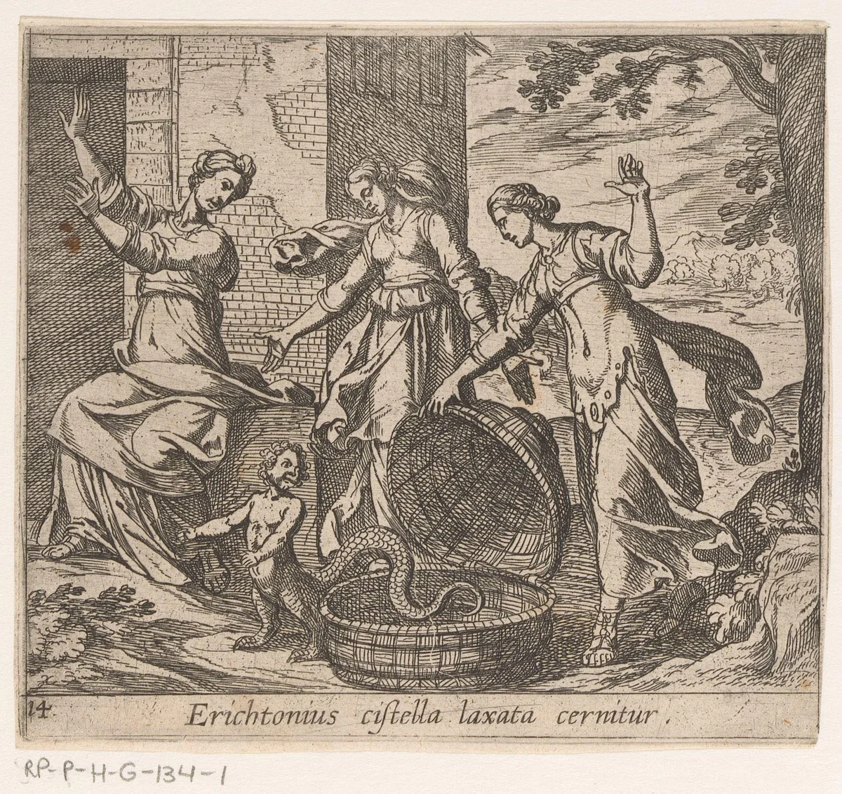 Erichthonius uit zijn mand gelaten by Antonio Tempesta, print, 1606-1638
