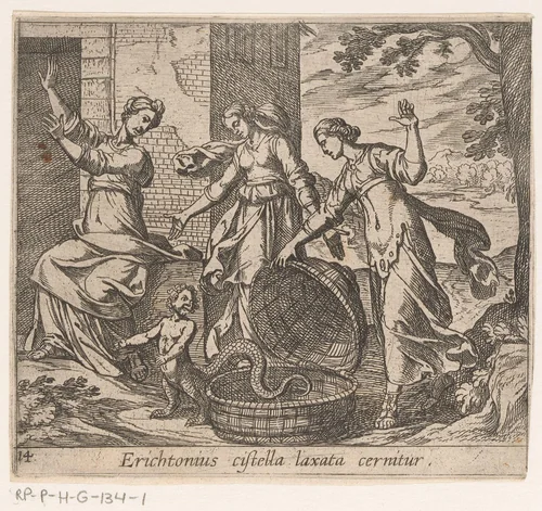 Erichthonius uit zijn mand gelaten by Antonio Tempesta, print, 1606-1638