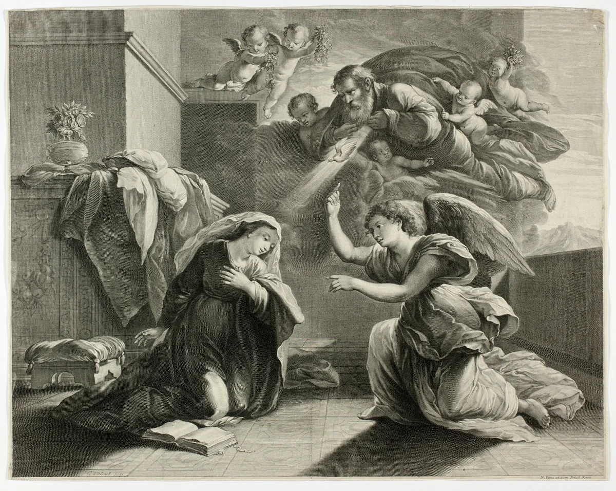 The Annunciation by Gérard Edelinck, print, 1660-1671
