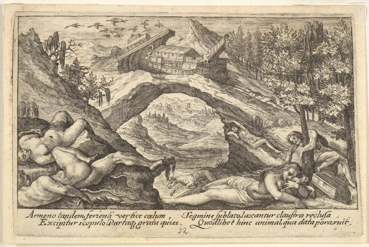 Aftermath of the Flood: human bodies strewn on dry land in the foreground, Noah's ark moored on a rocky outcrop beyond, from "Liber Genesis" by Crispijn de Passe, print, 1612