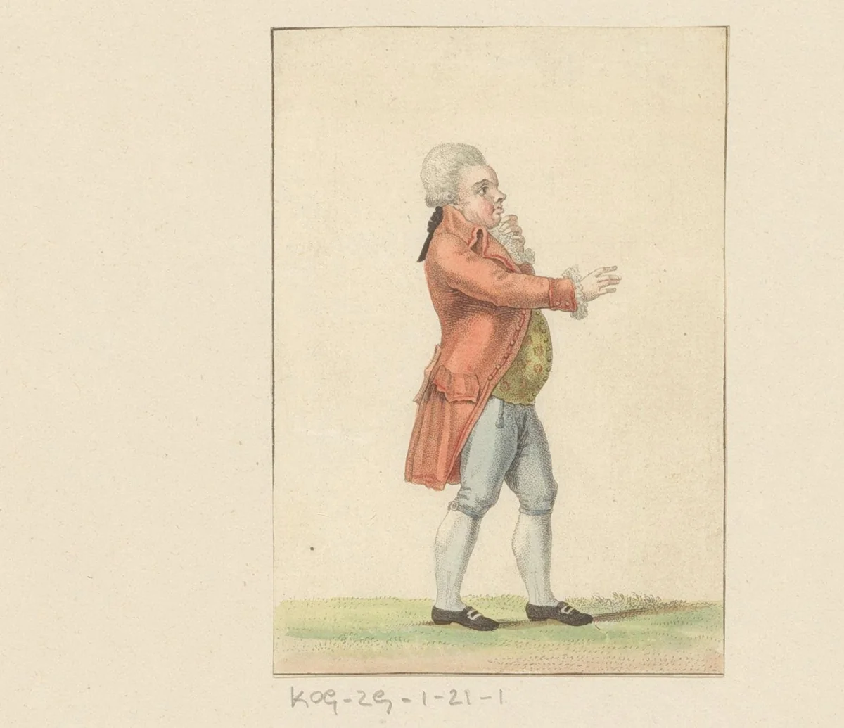 Man met pruik in achttiende-eeuws kostuum by anonymous, print, 1700-1799