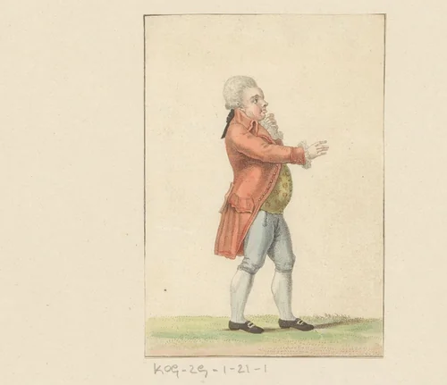 Man met pruik in achttiende-eeuws kostuum by anonymous, print, 1700-1799