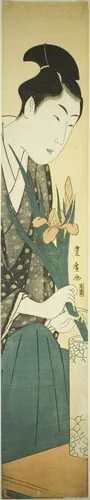 Young man arranging irises in a vase by Utagawa Toyohiro (歌川豊広), print, 1773-1828