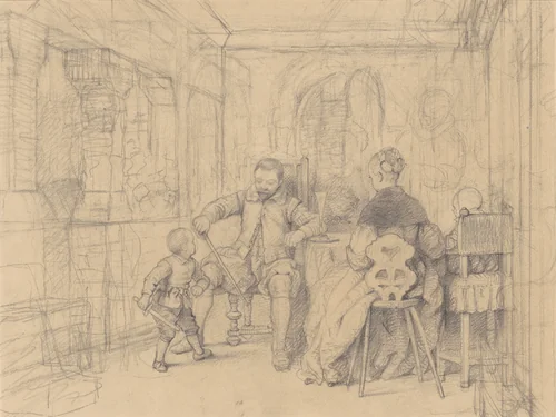 The Fencing Lesson [recto] by Richard Caton Woodville, drawing, 1847-1849