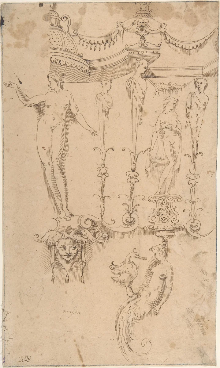 Studies for Grotesque Decorations (recto); Small Sketches and Writing (verso) by anonymous, drawing, 1600-1699
