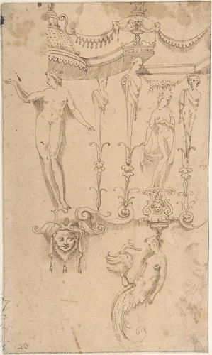 Studies for Grotesque Decorations (recto); Small Sketches and Writing (verso) by anonymous, drawing, 1600-1699