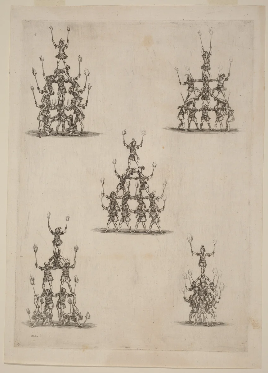 Pyramids of Jugglers by Stefano della Bella, print, 1652