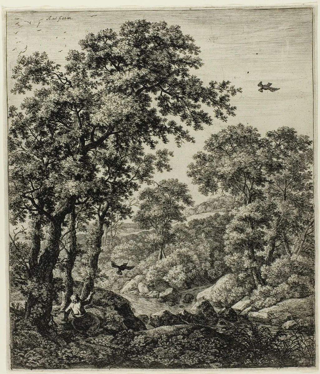 Elias in the Wilderness, from Six Landscape Subjects from the Old Testament by Anthonie Waterloo, print, 1629-1690