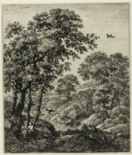 Elias in the Wilderness, from Six Landscape Subjects from the Old Testament by Anthonie Waterloo, print, 1629-1690