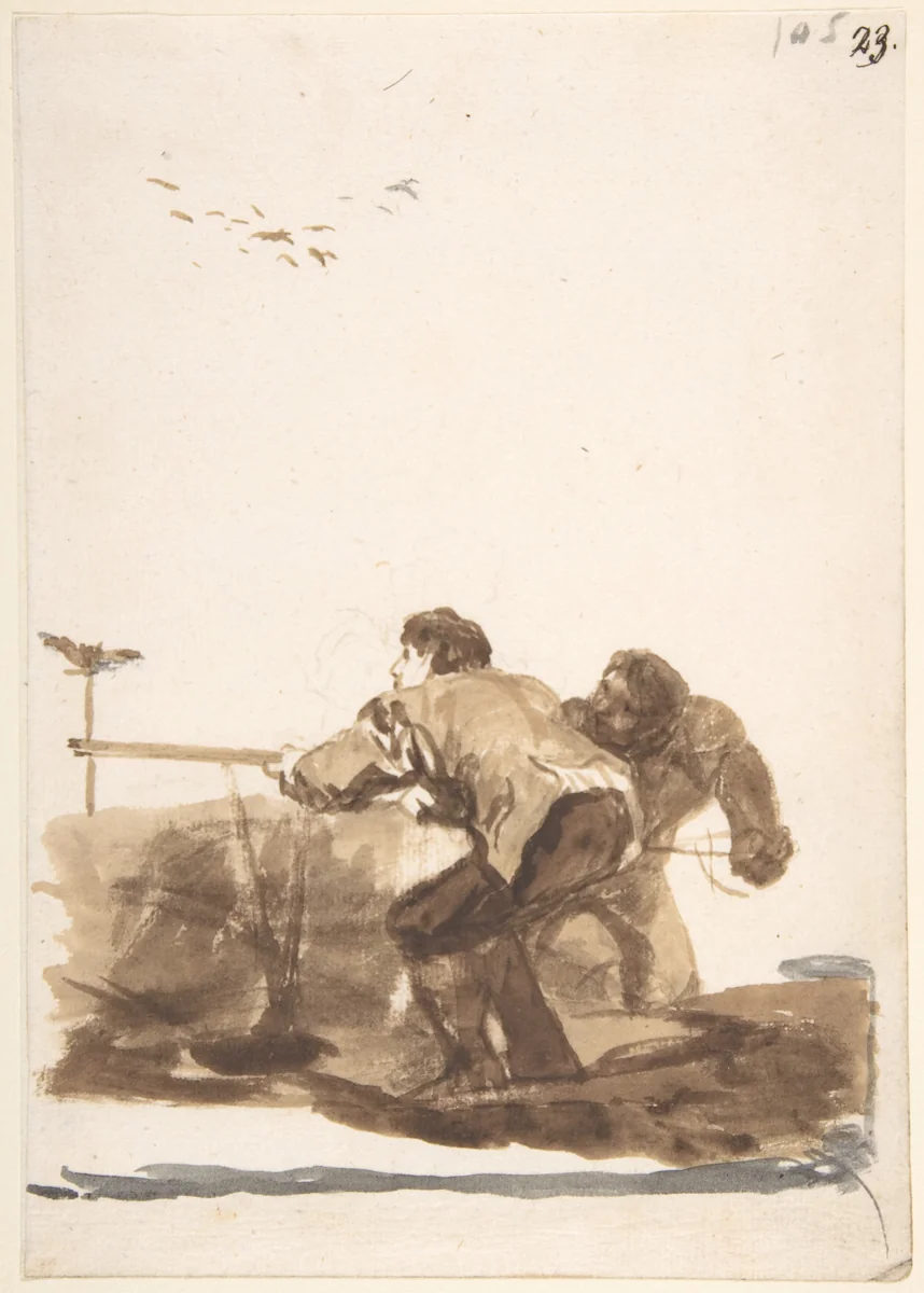 Men hunting; page 105 from the "Images of Spain" Album (F) by Goya, drawing, 1812-1820
