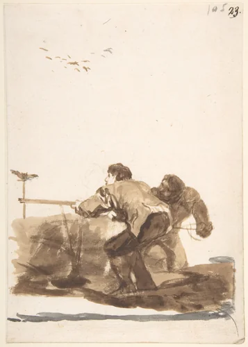 Men hunting; page 105 from the "Images of Spain" Album (F) by Goya, drawing, 1812-1820