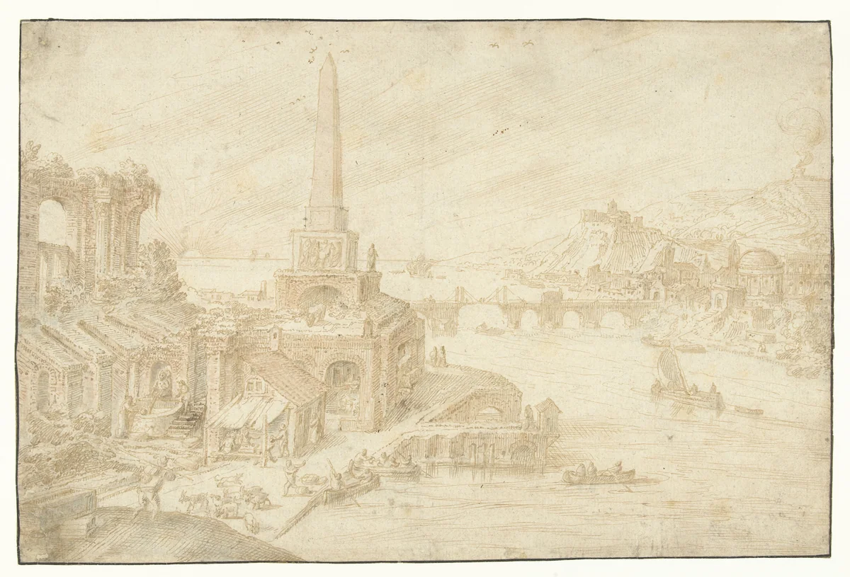 Obelisk naast ruïnes by Hendrick van Cleve, drawing, 1579-1589
