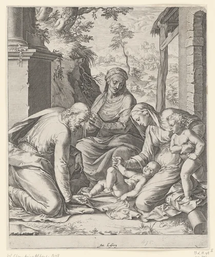 Heilige Familie met Anna en Johannes de Doper als kind by Unknown, print, 1570-1577