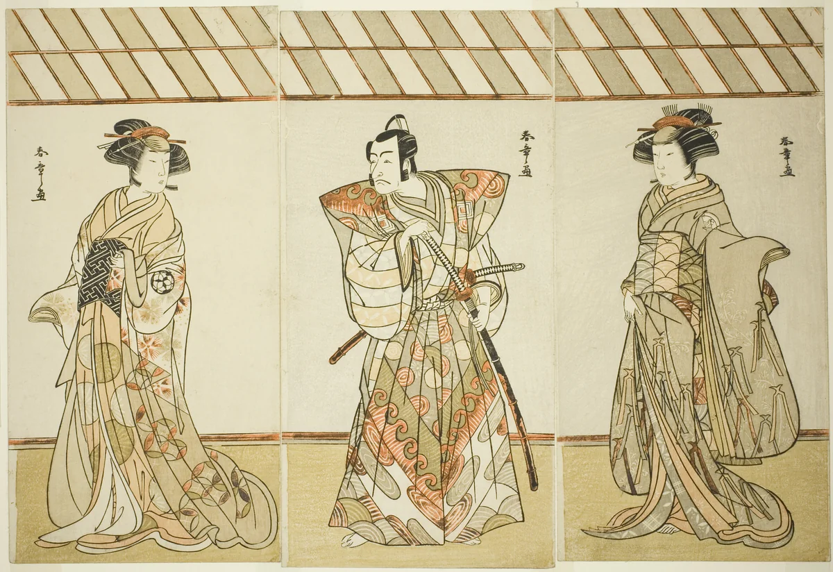 Actors Onoe Tamizô I, Ichikawa Danjûrô V, and Osagawa Tsuneyo II, in (possibly) “A Dandyish Brocade: Opposing Warriors” (“Date Nishiki Tsui noYumitori”) by Katsukawa Shunshô (勝川春章), print, 1773-1783