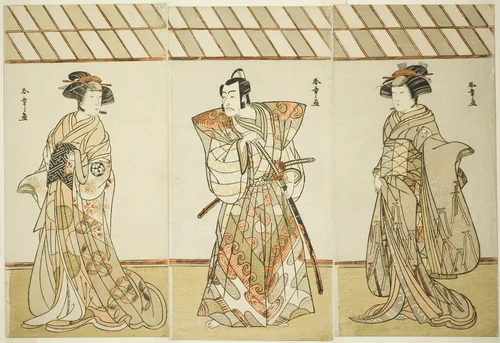 Actors Onoe Tamizô I, Ichikawa Danjûrô V, and Osagawa Tsuneyo II, in (possibly) “A Dandyish Brocade: Opposing Warriors” (“Date Nishiki Tsui noYumitori”) by Katsukawa Shunshô (勝川春章), print, 1773-1783