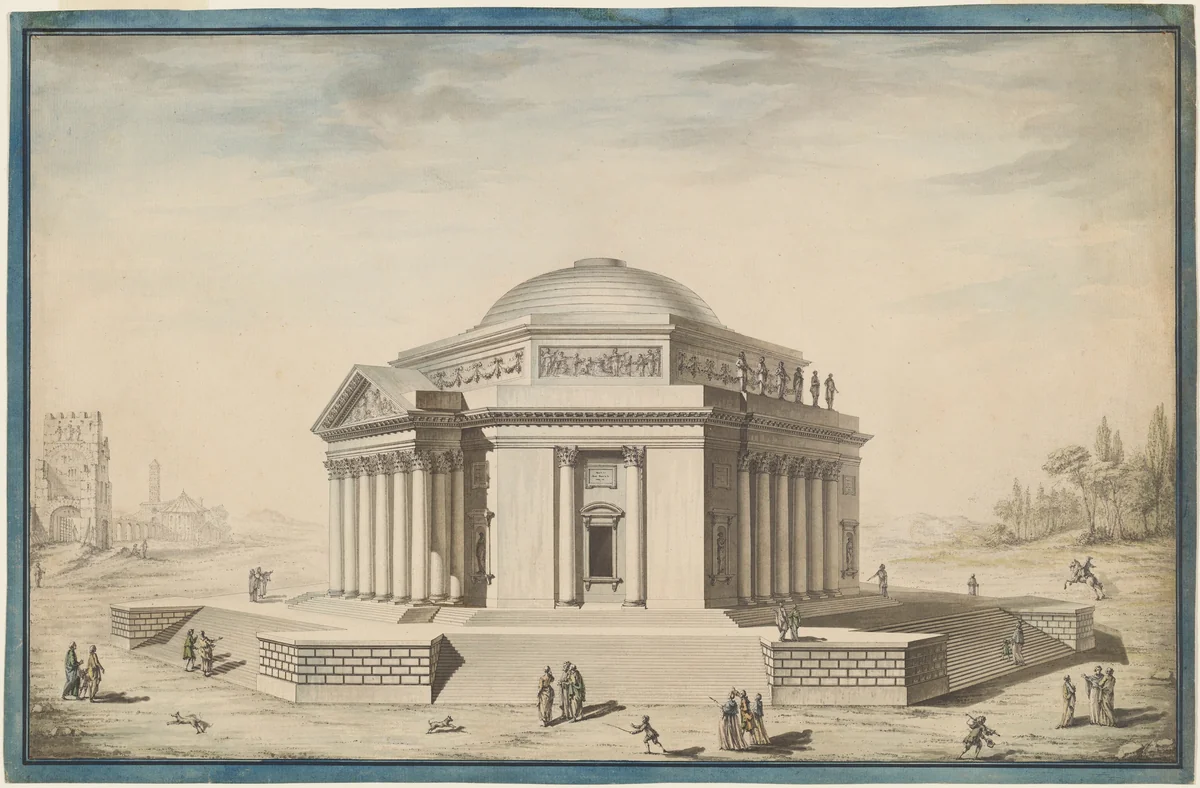 Hexagonal Temple in an Italianate Landscape by Louis Gustave Taraval, drawing, 1775-1785