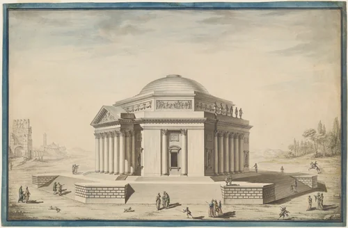 Hexagonal Temple in an Italianate Landscape by Louis Gustave Taraval, drawing, 1775-1785