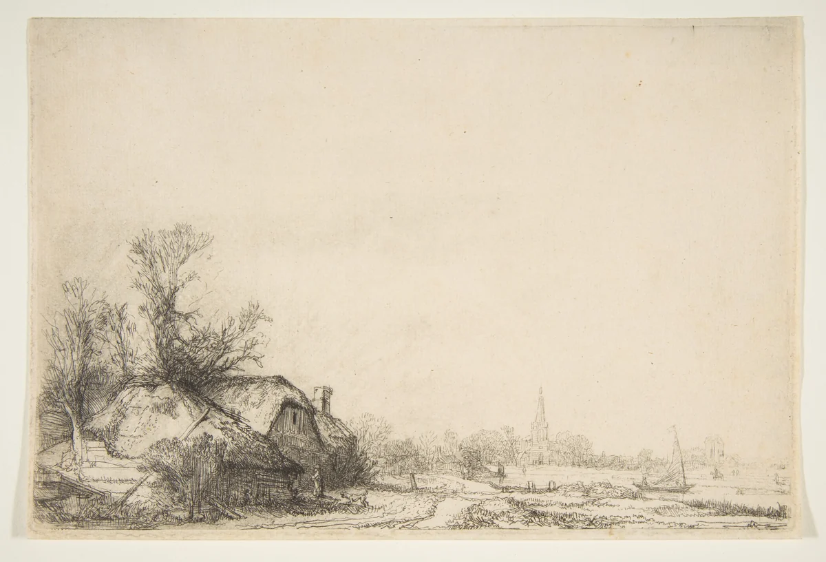 Cottage beside a Canal with a View of Ouderkerk by Rembrandt van Rijn, print, 1636-1646