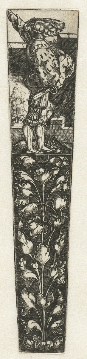 Ornament met vaandeldrager by Unknown, print, 1530-1540