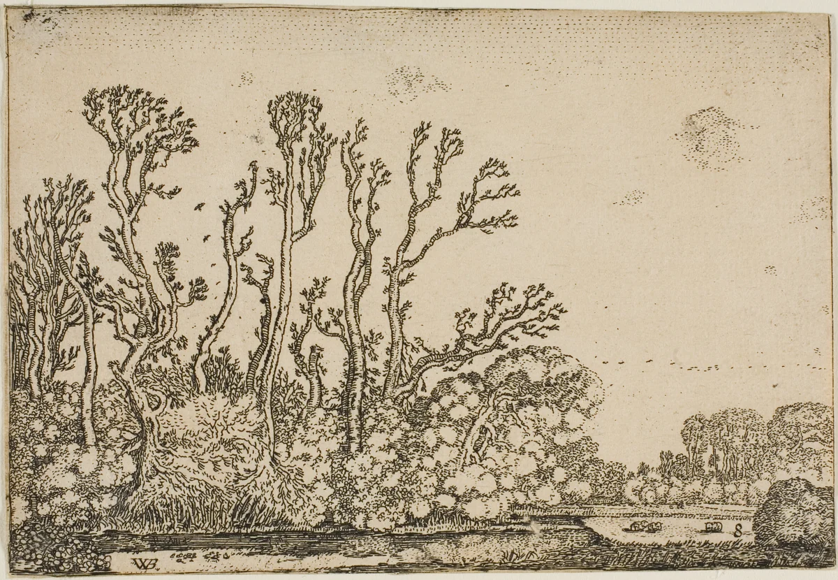 Landscape with Trees, Pond and Sheep by Willem Buytewech, print, 1621