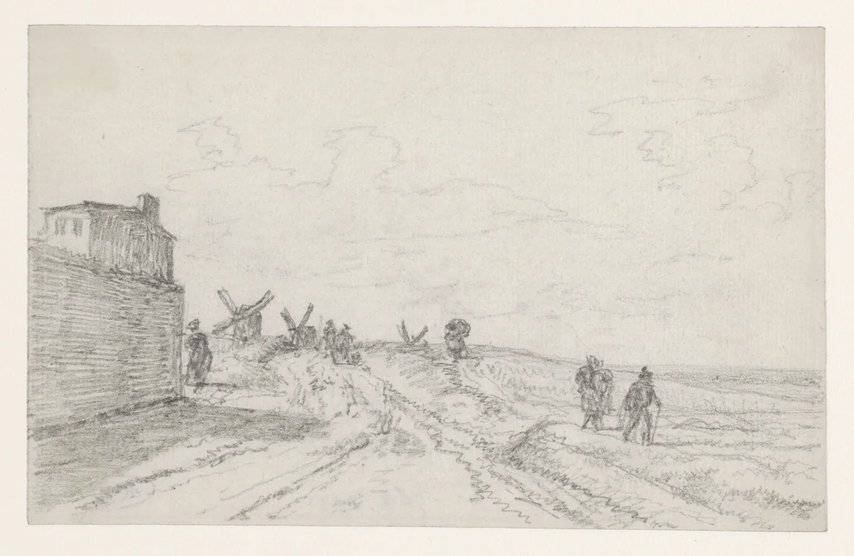 Weg op de Butte met molens in het verschiet by Georges Michel, drawing, 1773-1843