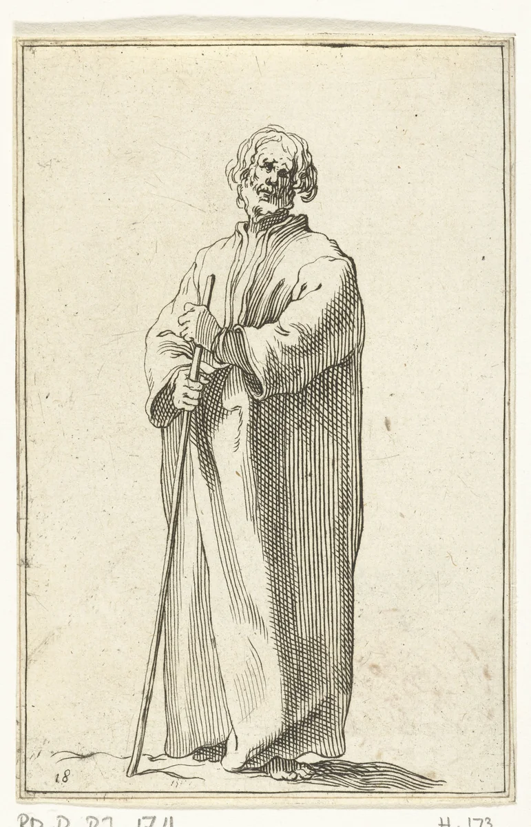 Oude boer met lange jas by Frederick Bloemaert, print, 1635-1669