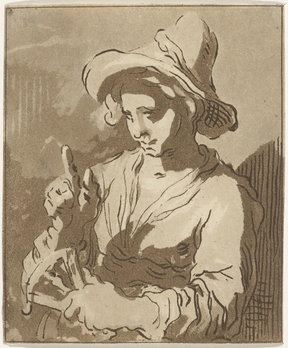 Vrouw met waaier by Hermanus Fock, print, 1781-1822