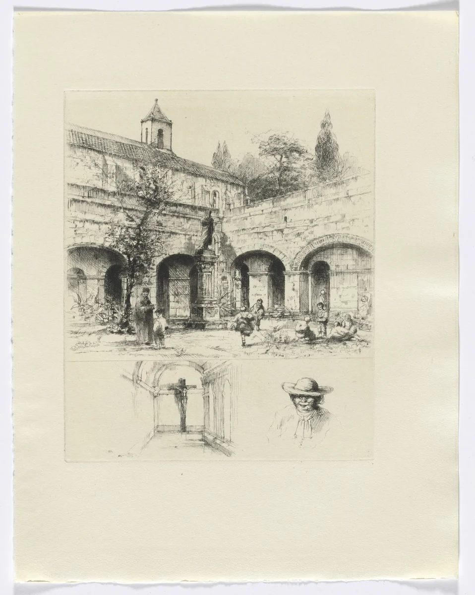 Frédéric Mistral: Mémoires et Recits by Frédéric Mistral: figures in a cloister/ crucifix and bust of a man (insert after p. 56) by Auguste Brouet, other, 1937