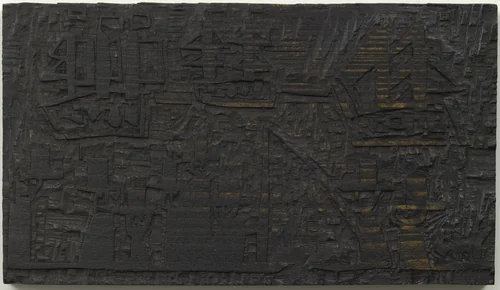 Woodblock for Eight Men in Cylinder Hats and a Dog (Acht Männer mit Zylinderhüten und ein Hund) by Lyonel Feininger, print, 1919