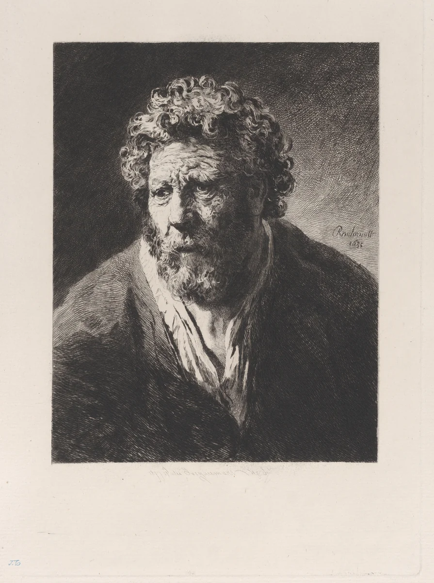 Head of an Old Man, after Rembrandt by Jules Ferdinand Jacquemart, print, 1877