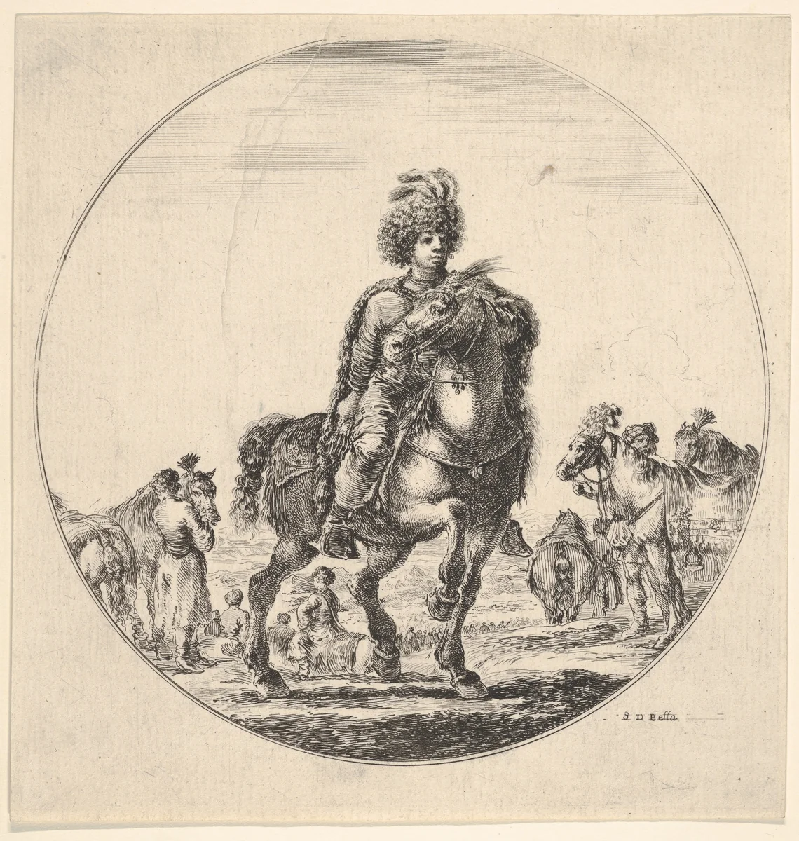 Polish horseman facing right, a circular composition, from "Figures on Horseback" (Cavaliers nègres, polonais et hongrois) by Stefano della Bella, print, 1648-1653