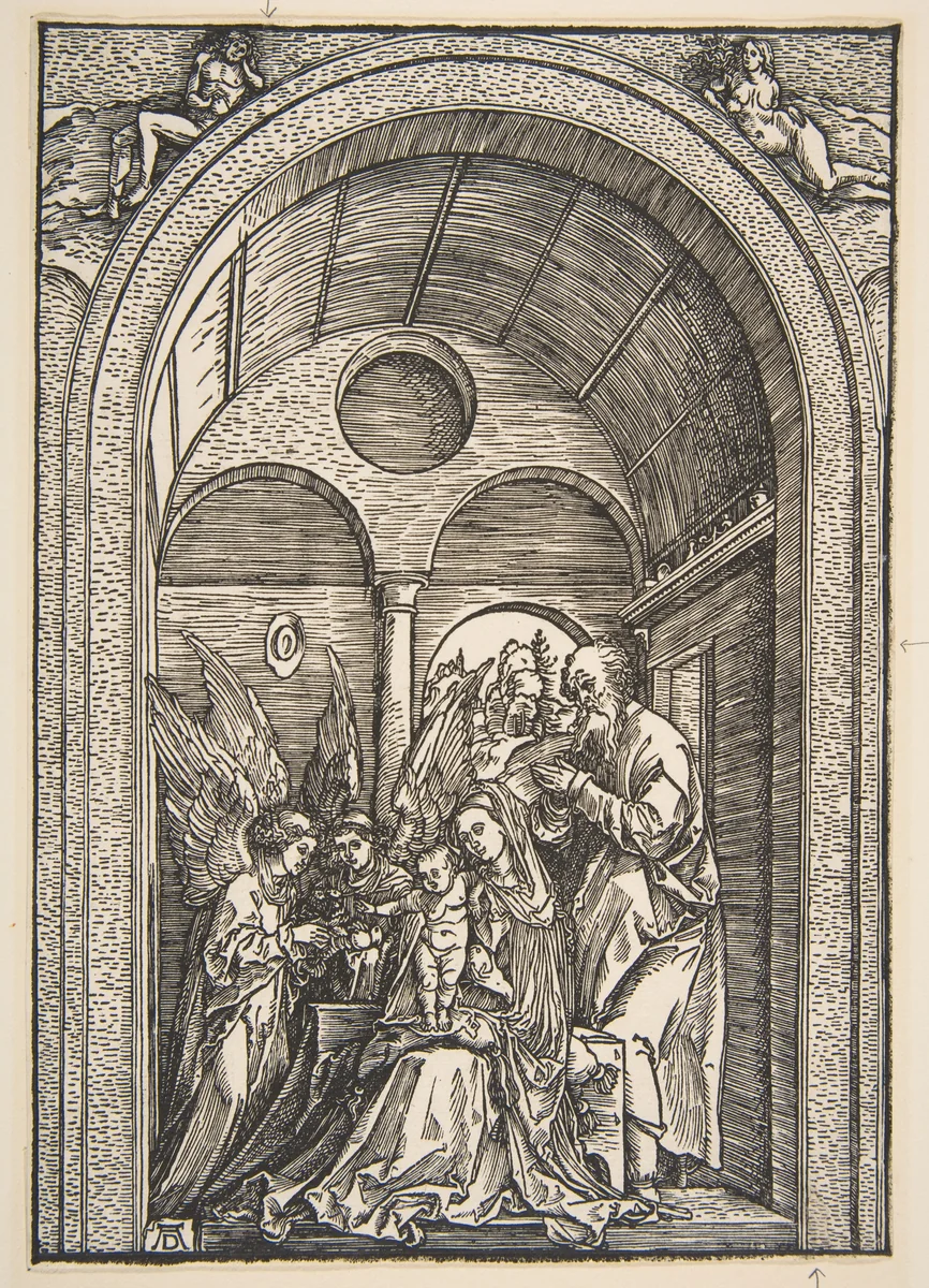 The Holy Family with Two Angels in a Vaulted Hall by Albrecht Dürer, print, 1503-1504