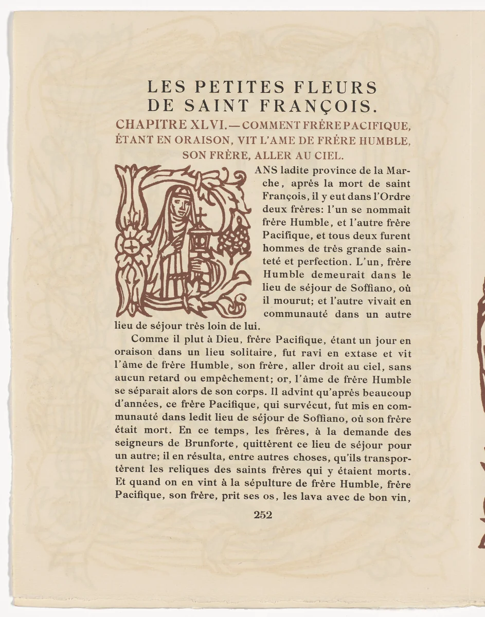 Pictorial initial (page 252) from Les Petites Fleurs de St. François (The Little Flowers of St. Francis) by Émile Bernard, illustrated book, 1928