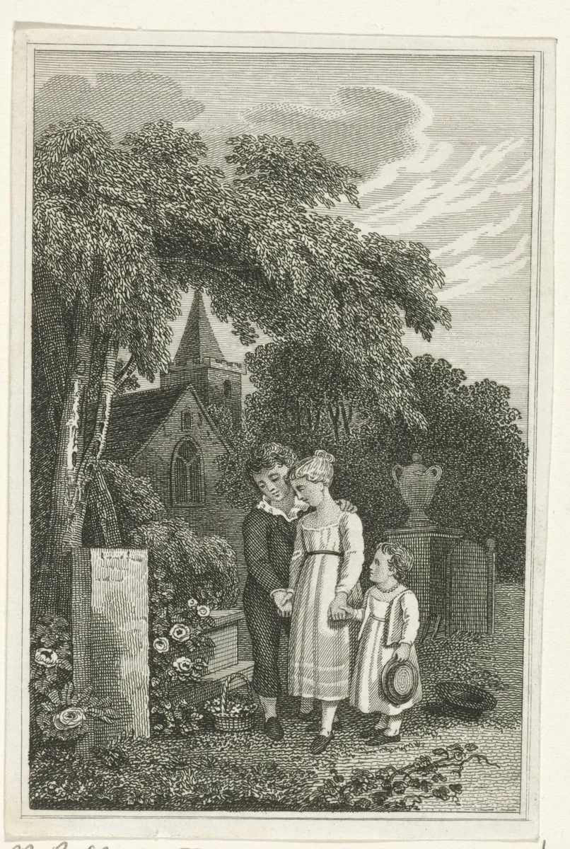 Drie kinderen bij het graf van hun moeder by Pieter van der Meulen, print, 1830