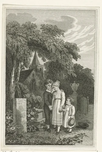 Drie kinderen bij het graf van hun moeder by Pieter van der Meulen, print, 1830