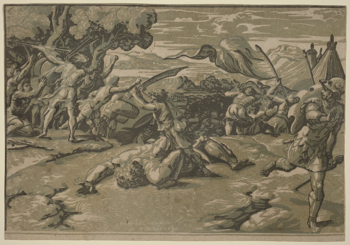 David Slaying Goliath by Raphael, print, 1515-1525