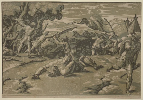 David Slaying Goliath by Raphael, print, 1515-1525