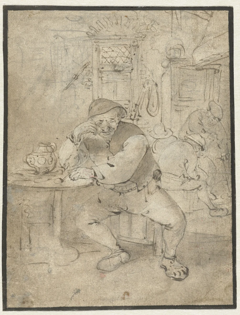 Zittende boer, leunend op een tafeltje by Isaac van Ostade, drawing, 1644-1649