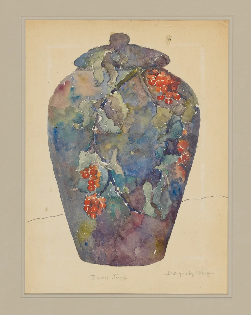 Design drawing for enameled covered jar by Stourbridge Glass Company, artwork, 1898-1900