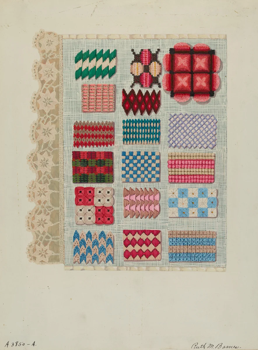 Sampler (Stitching) by Ruth M. Barnes, index of american design, 1937