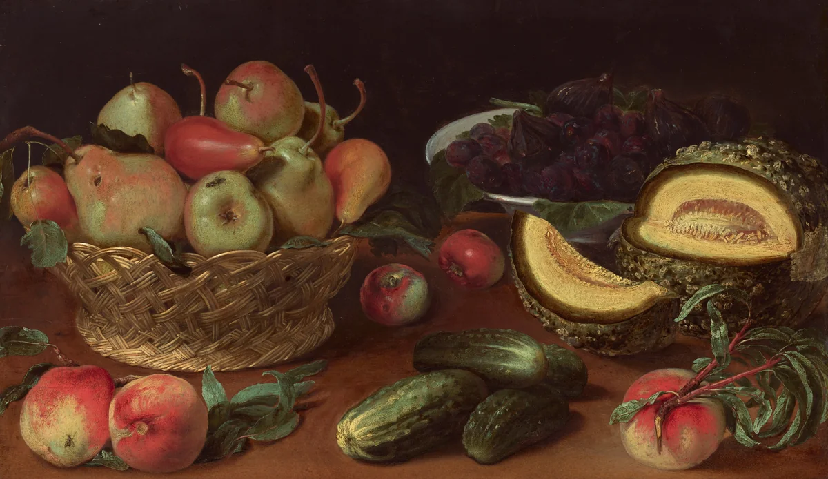 Still Life with Apples, Pears, Cucumbers, Figs, Plums, and a Melon by Fede Galizia, painting, 1620-1630